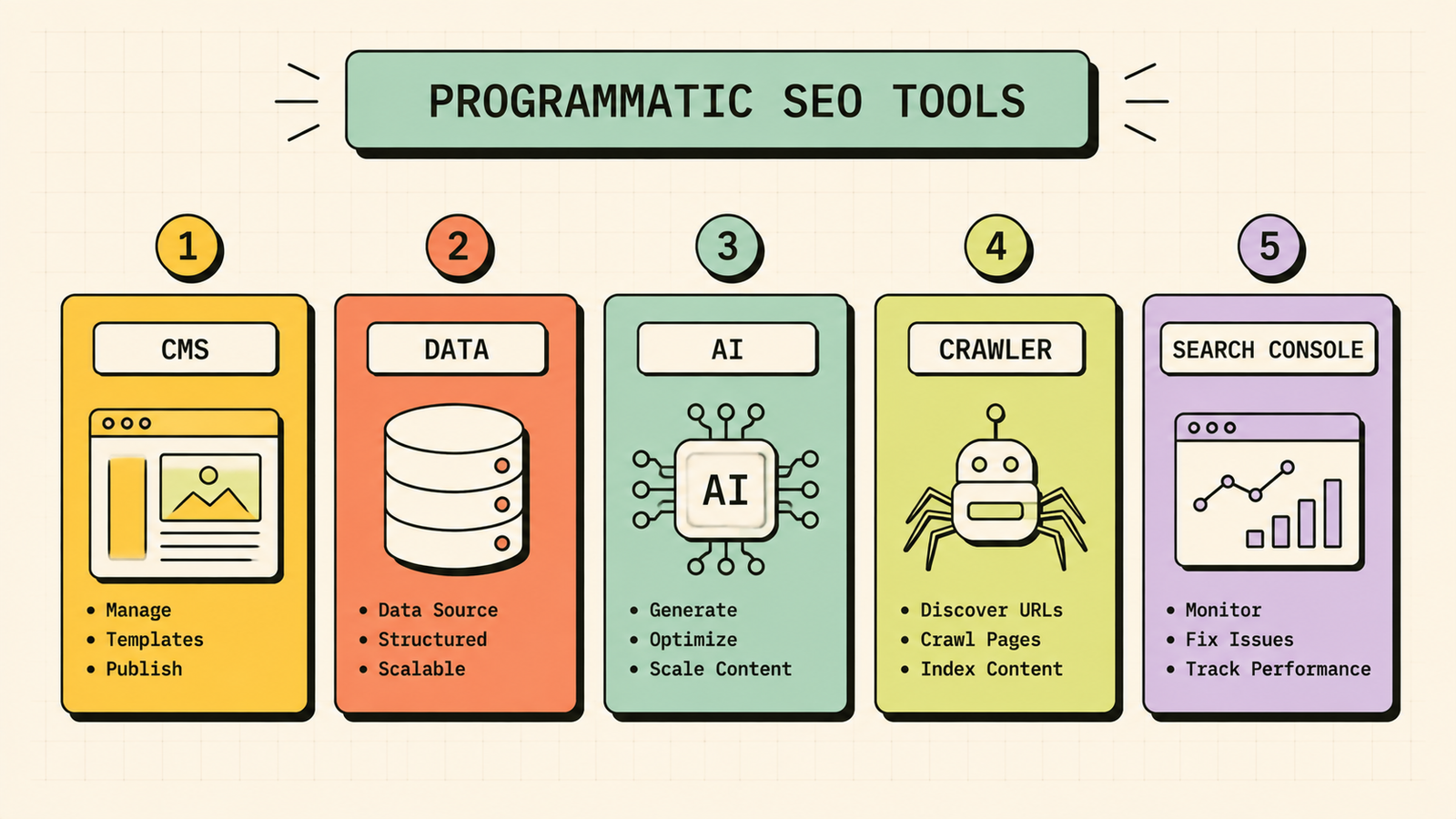 Programmatic SEO tools including CMS data AI and crawlers