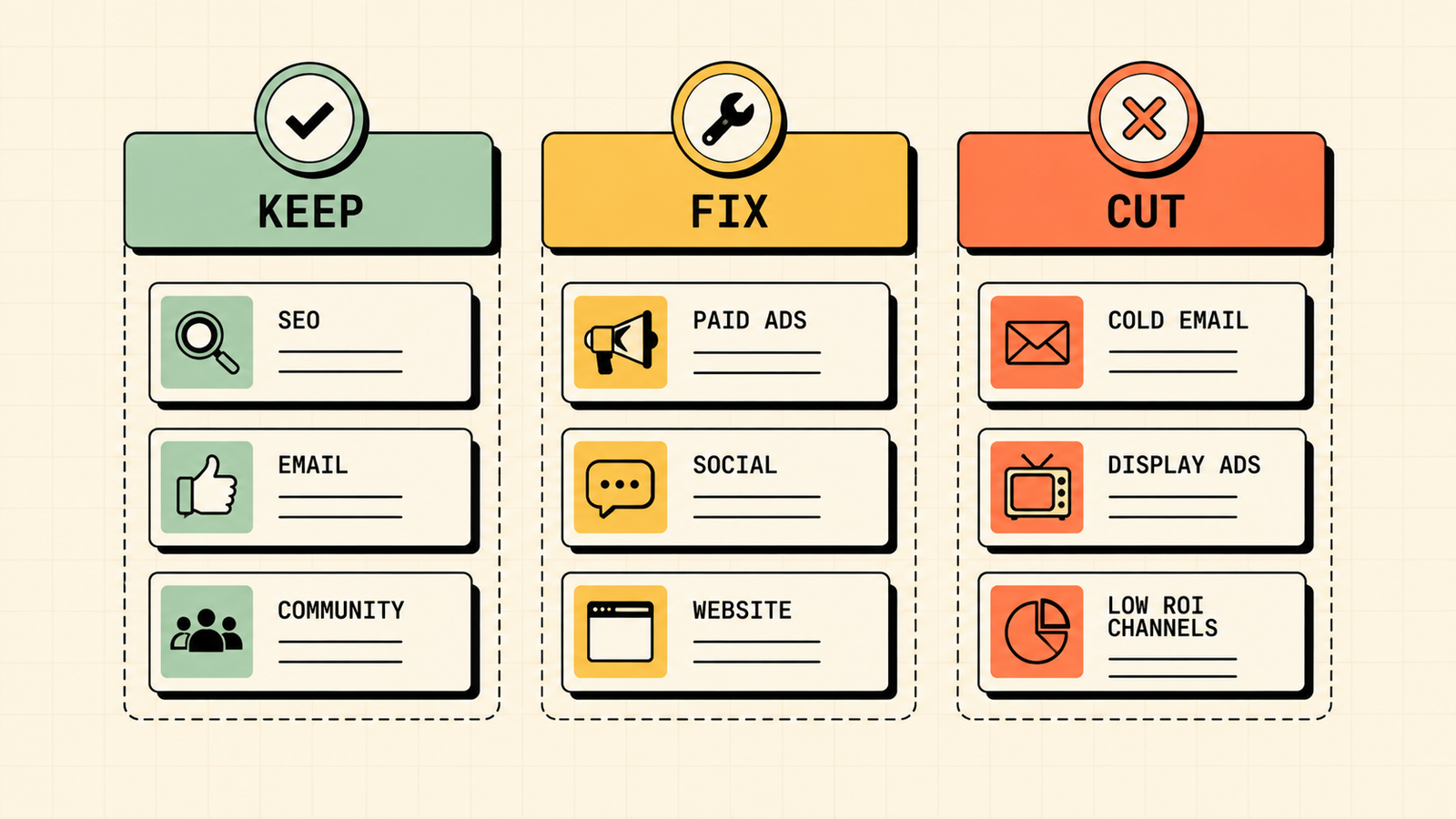 Marketing audit prioritisation framework showing keep fix and cut