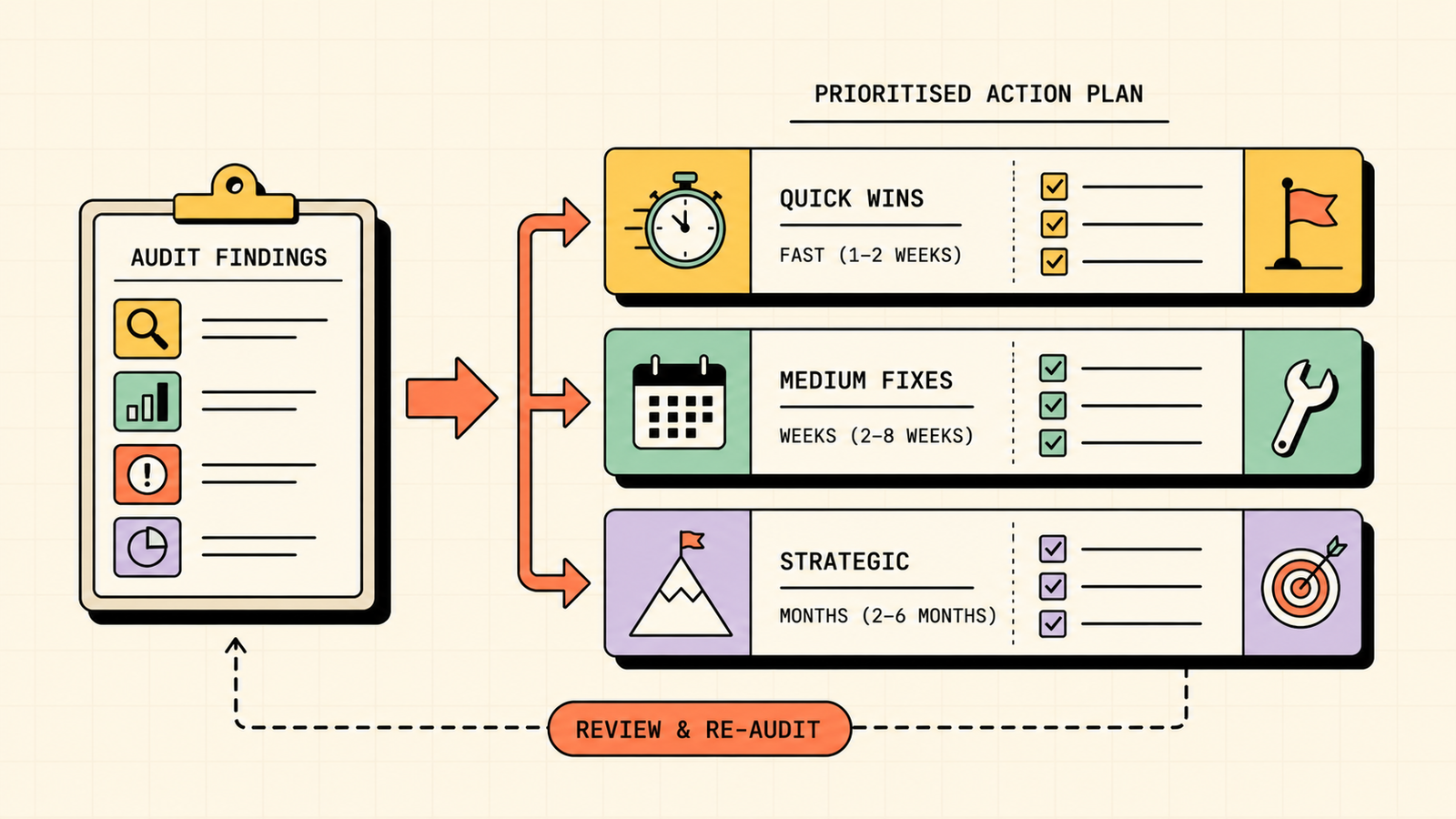 Action plan categories from quick wins to strategic investments