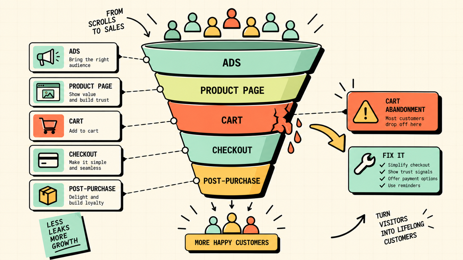 Sales funnel stages with mindset and tactics